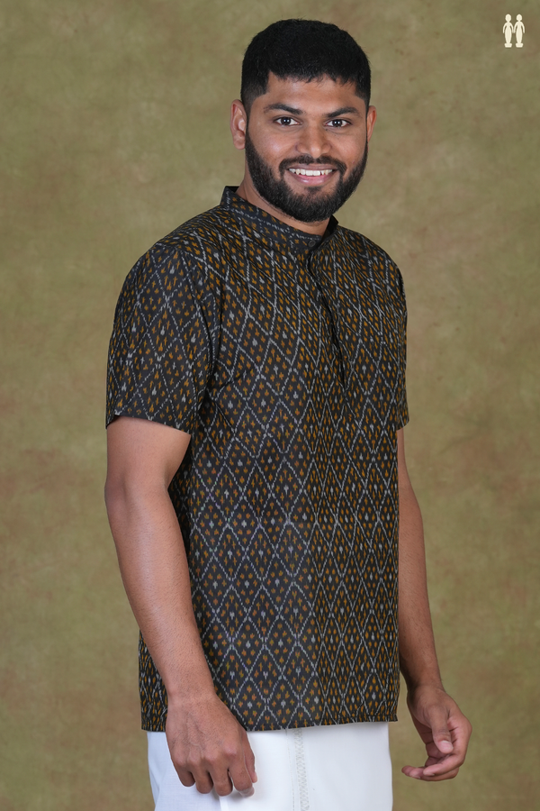 Chinese Collar Ikat Design Black Pochampally Silk Short Kurta