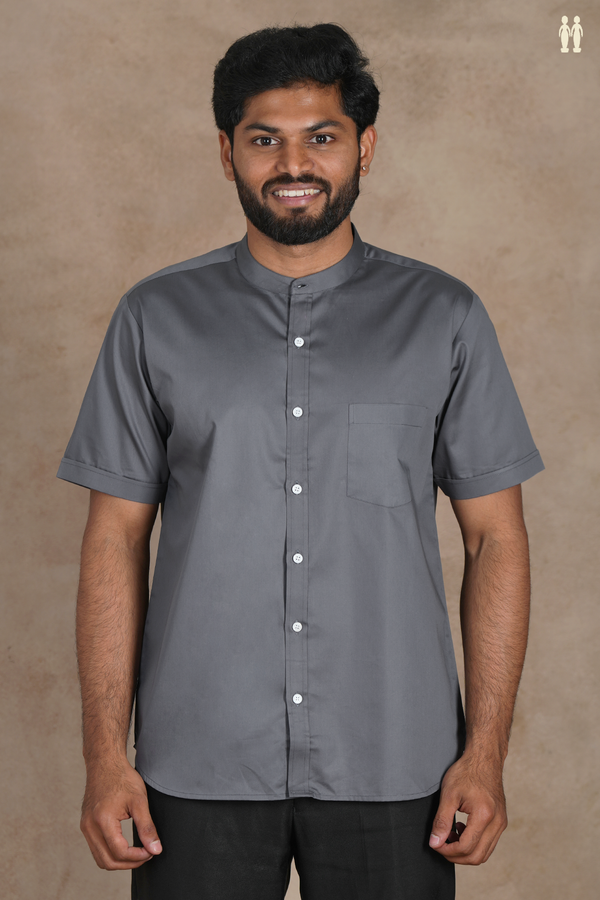 Chinese Collar Plain Grey Silk Shirt