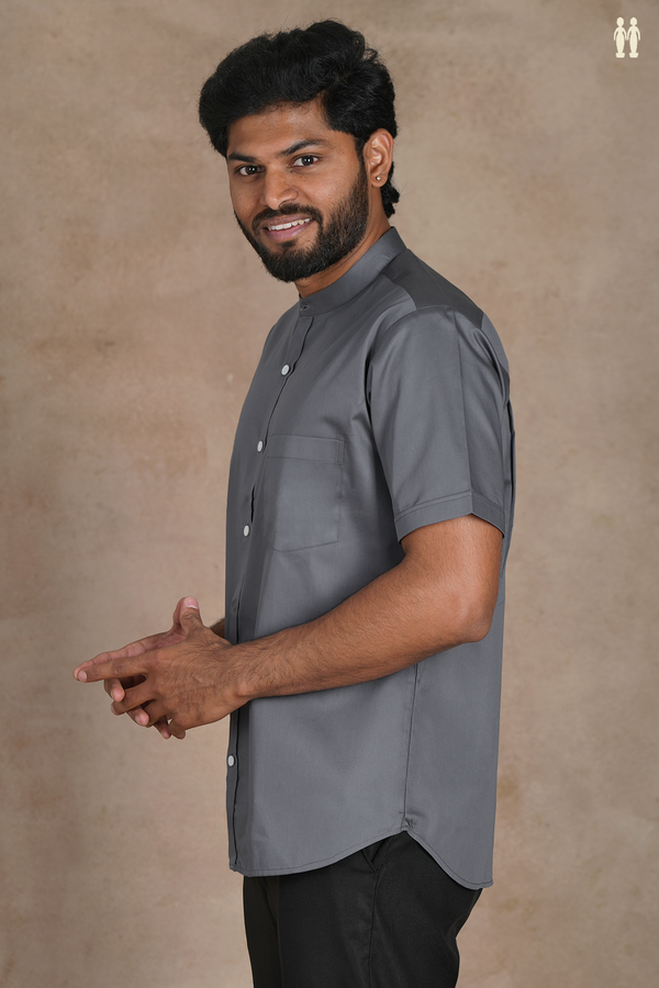 Chinese Collar Plain Grey Silk Shirt
