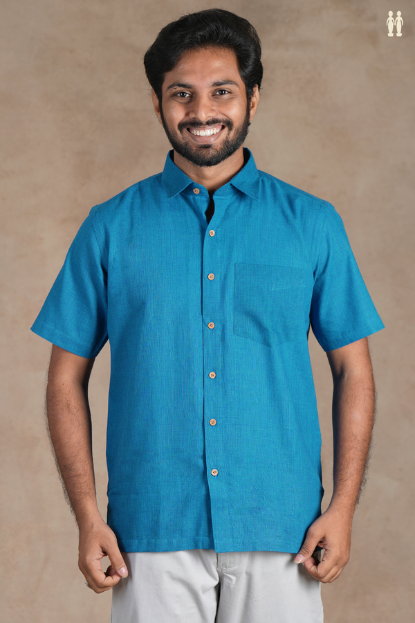 Regular Collar Plain Cerulean Blue Cotton Shirt