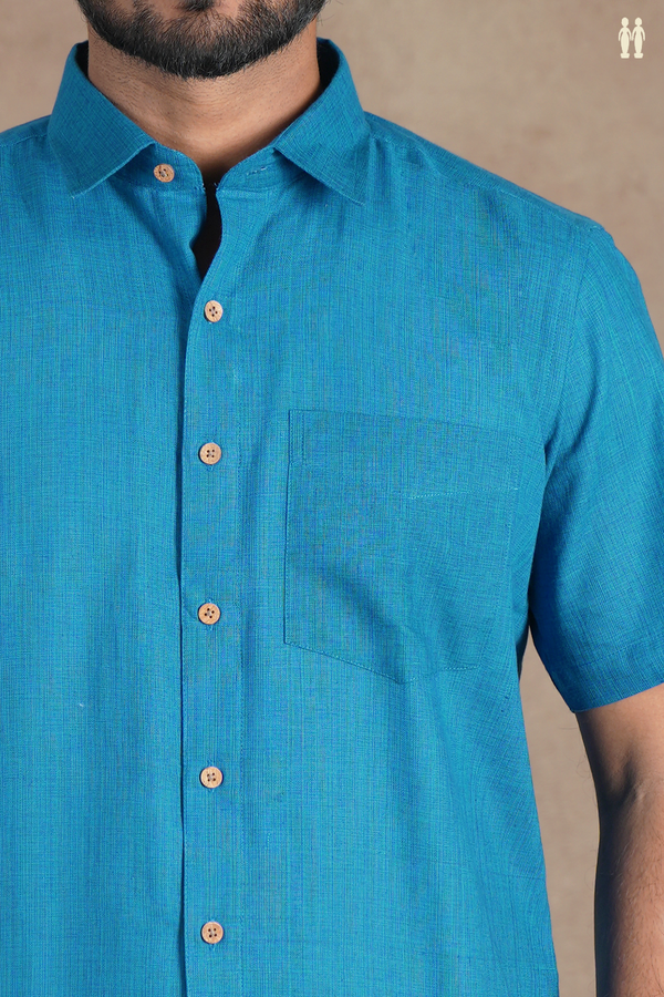 Regular Collar Plain Cerulean Blue Cotton Shirt