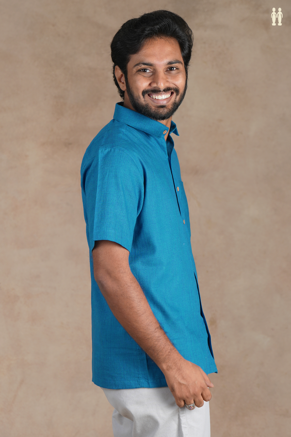 Regular Collar Plain Cerulean Blue Cotton Shirt