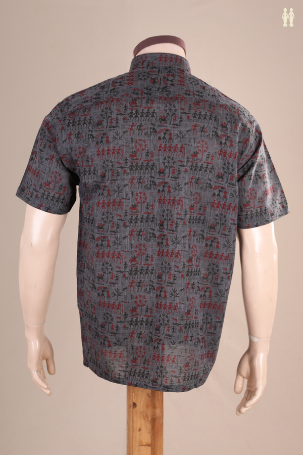 Regular Collar Warli Printed Charcoal Grey Cotton Shirt