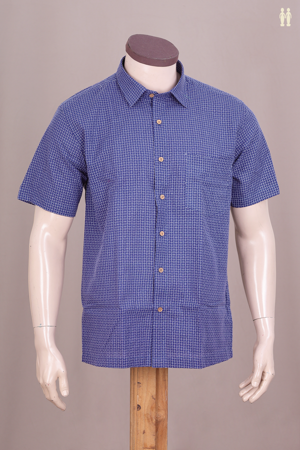 Regular Collar Threadwork Design Blue Cotton Shirt