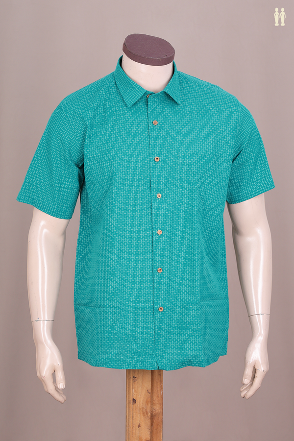 Regular Collar Threadwork Design Peacock Blue Cotton Shirt