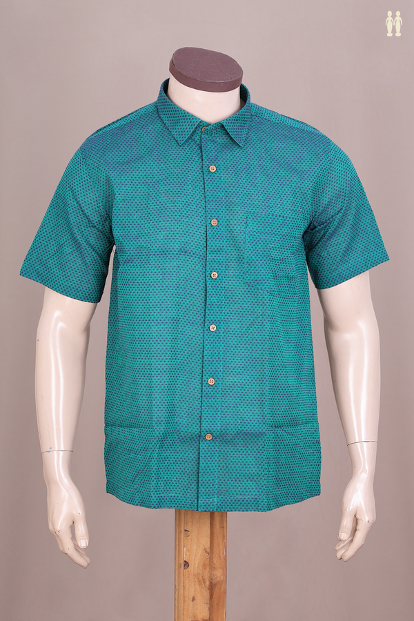 Regular Collar Threadwork Buttis Teal Blue Dobby Cotton Shirt