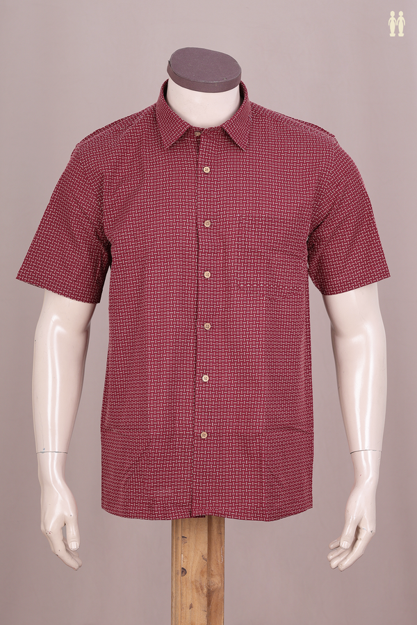 Regular Collar Threadwork Design Red Dobby Cotton Shirt
