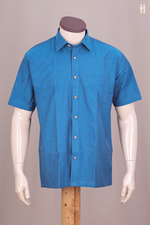 Regular Collar Plain Capri Blue Cotton Shirt