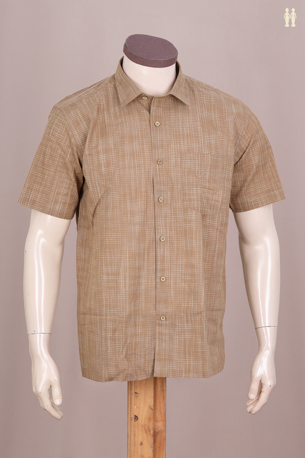 Regular Collar Checks Design Brown Cotton Shirt