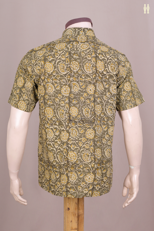 Regular Collar Printed Design Green Kalamkari Cotton Shirt
