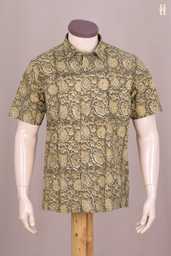 Regular Collar Printed Design Green Kalamkari Cotton Shirt