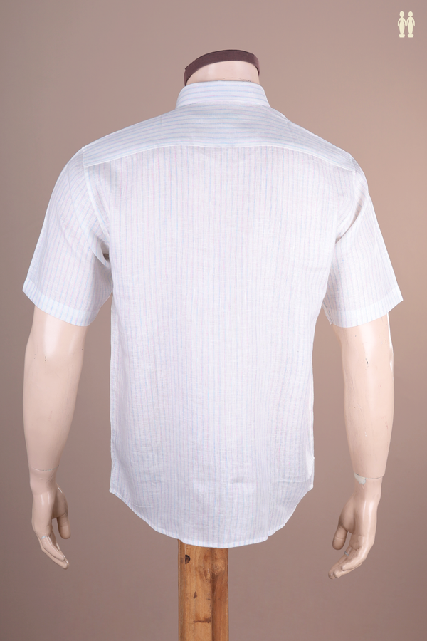 Regular Collar Stripes Design White Linen Shirt