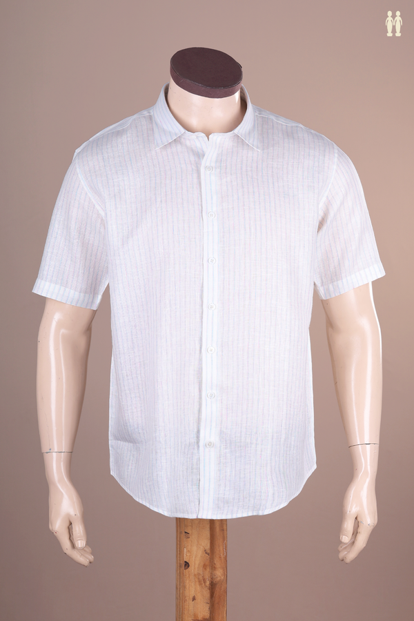 Regular Collar Stripes Design White Linen Shirt
