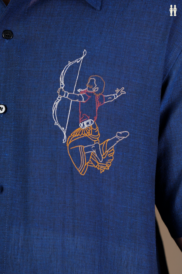 Regular Collar Embroidered Design Oxford Blue Cotton Shirt