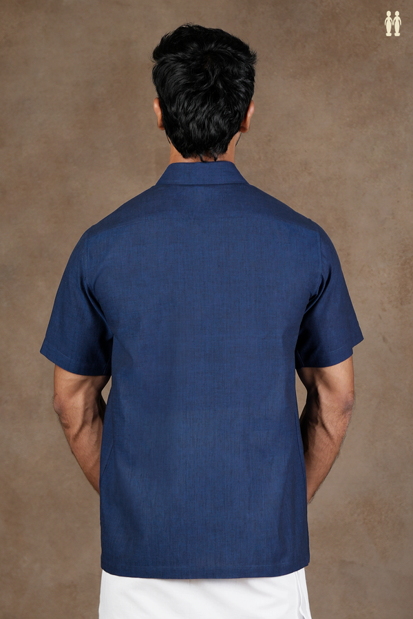 Regular Collar Embroidered Design Oxford Blue Cotton Shirt