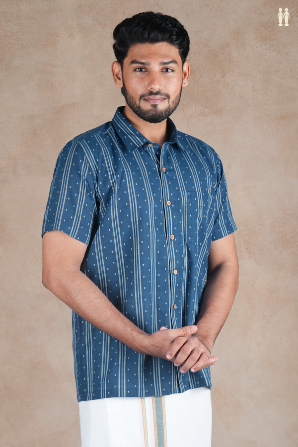 Regular Collar Stripes Design Oxford Blue Cotton Shirt