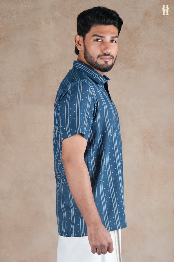 Regular Collar Stripes Design Oxford Blue Cotton Shirt