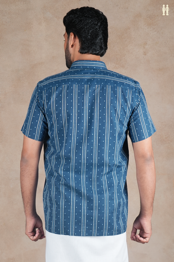 Regular Collar Stripes Design Oxford Blue Cotton Shirt