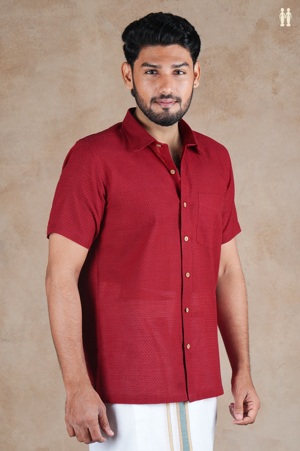 Regular Collar Threadwork Buttis Red Dobby Cotton Shirt