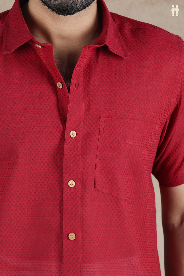 Regular Collar Threadwork Buttis Red Dobby Cotton Shirt