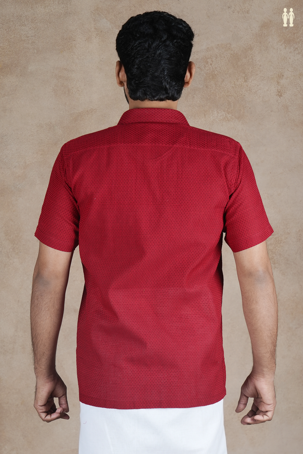 Regular Collar Threadwork Buttis Red Dobby Cotton Shirt