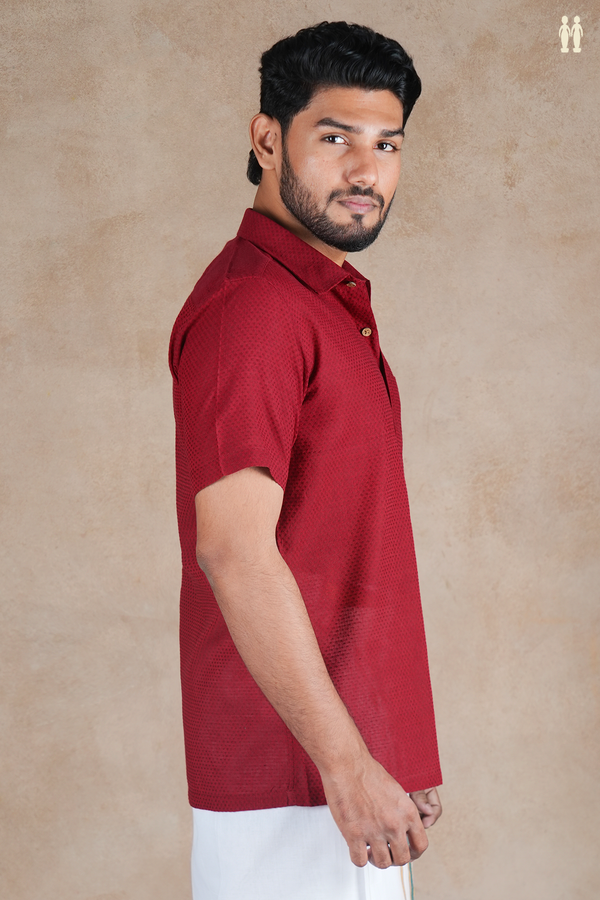 Regular Collar Threadwork Buttis Red Dobby Cotton Shirt