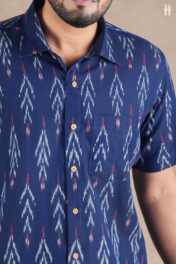 Regular Collar Printed Design Navy Blue Cotton Shirt
