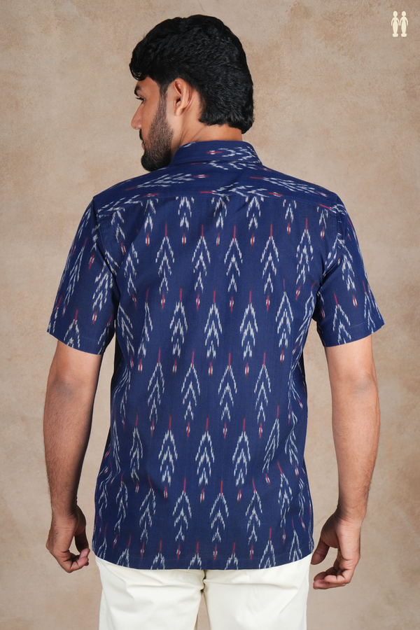 Regular Collar Printed Design Navy Blue Cotton Shirt