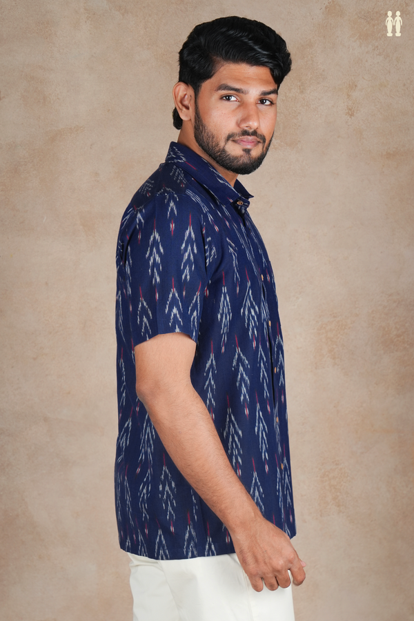 Regular Collar Printed Design Navy Blue Cotton Shirt