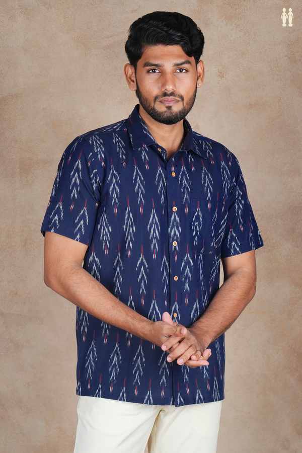 Regular Collar Printed Design Navy Blue Cotton Shirt