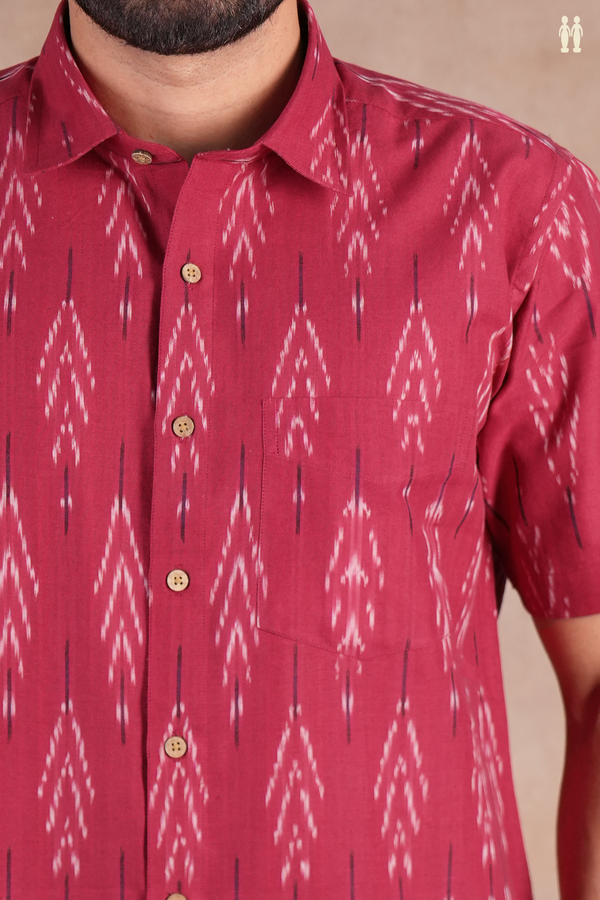 Regular Collar Printed Design Hibiscus Red Ikat Cotton Shirt
