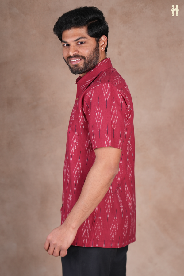 Regular Collar Printed Design Hibiscus Red Ikat Cotton Shirt