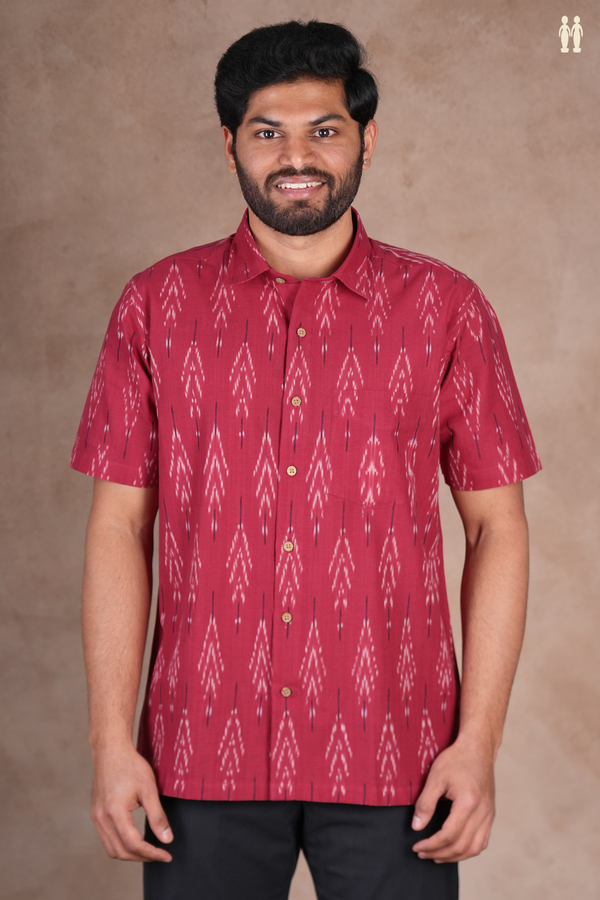 Regular Collar Printed Design Hibiscus Red Ikat Cotton Shirt