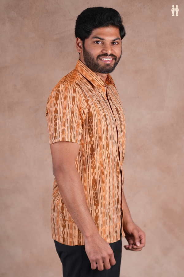Regular Collar Printed Design Orange Cotton Shirt