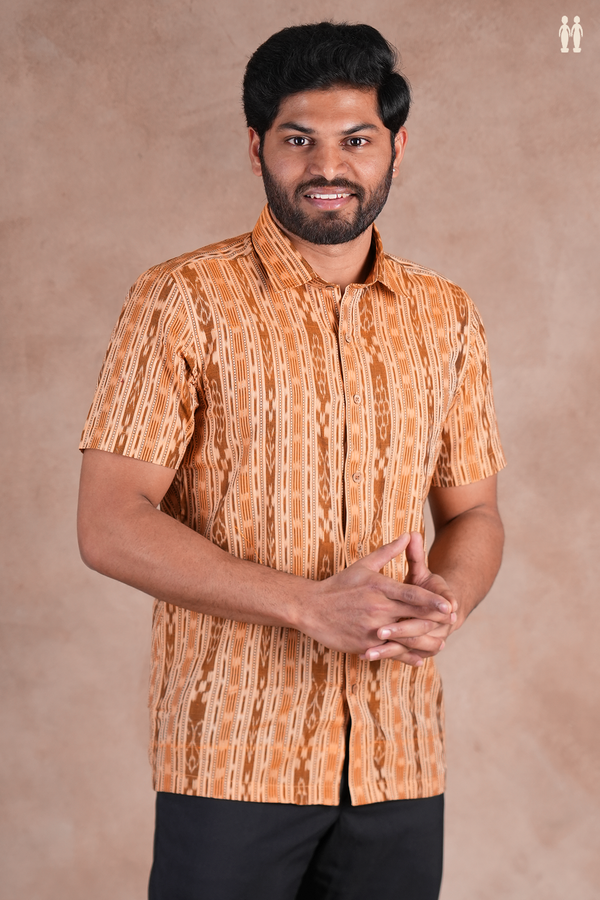 Regular Collar Printed Design Orange Cotton Shirt