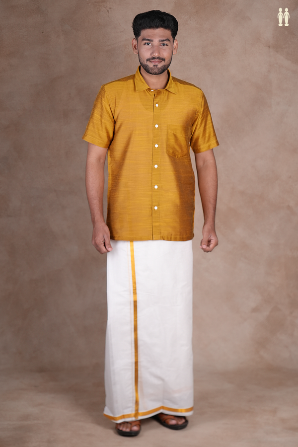Regular Collar Plain Golden Yellow Raw Silk Shirt