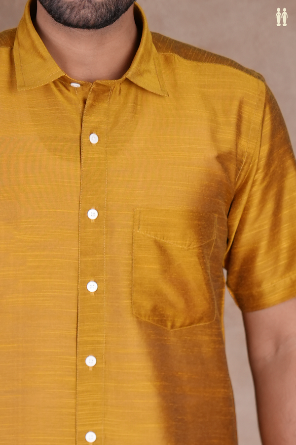 Regular Collar Plain Golden Yellow Raw Silk Shirt