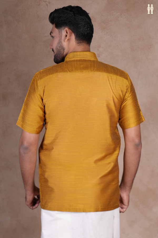 Regular Collar Plain Golden Yellow Raw Silk Shirt