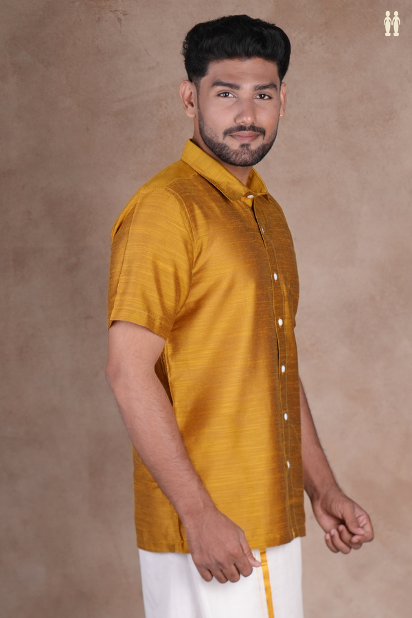 Regular Collar Plain Golden Yellow Raw Silk Shirt