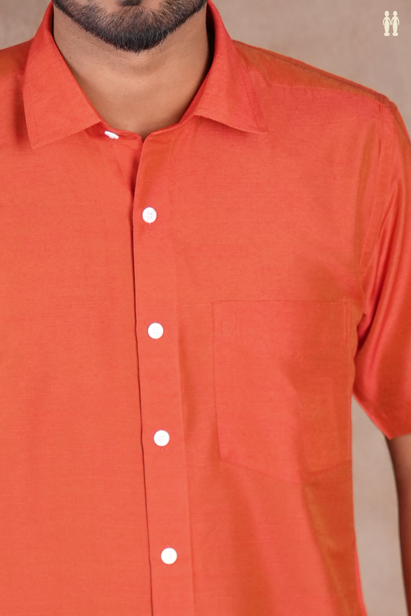 Regular Collar Plain Vermillion Red Raw Silk Shirt