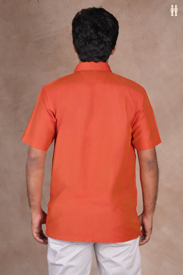 Regular Collar Plain Vermillion Red Raw Silk Shirt