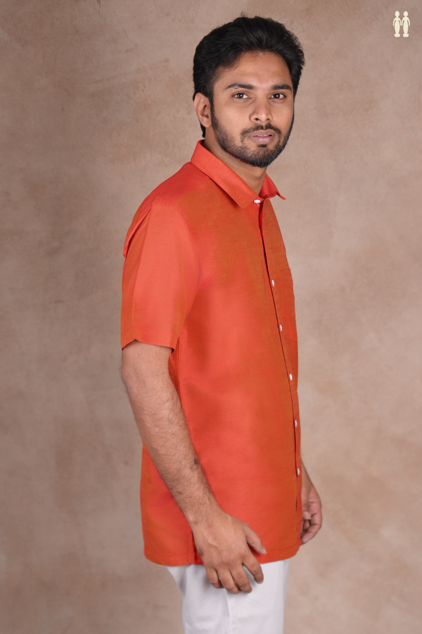 Regular Collar Plain Vermillion Red Raw Silk Shirt