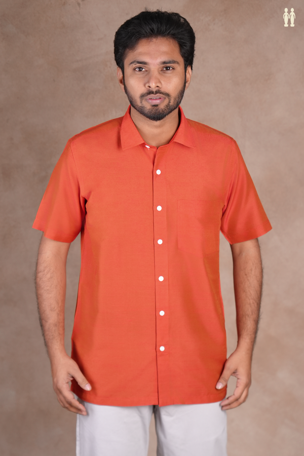Regular Collar Plain Vermillion Red Raw Silk Shirt