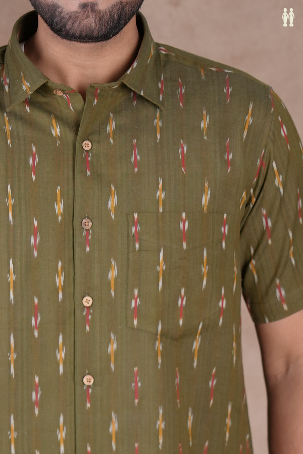 Regular Collar Printed Design Olive Green Ikat Cotton Shirt