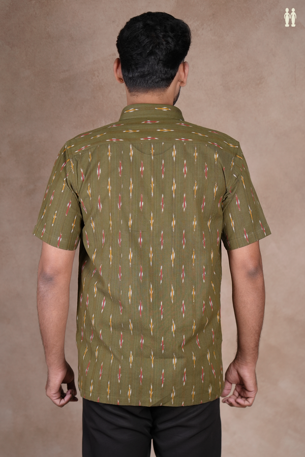 Regular Collar Printed Design Olive Green Ikat Cotton Shirt