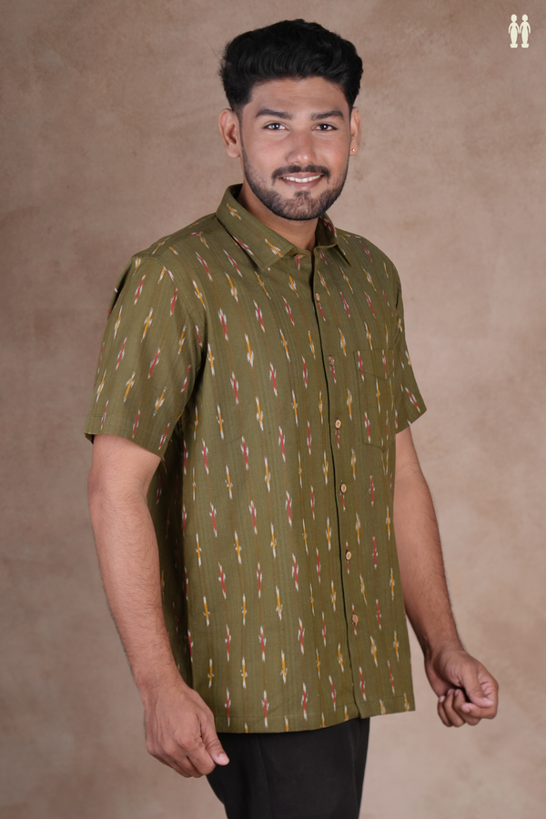 Regular Collar Printed Design Olive Green Ikat Cotton Shirt