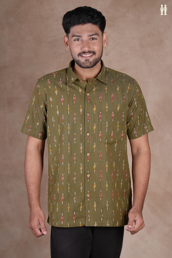 Regular Collar Printed Design Olive Green Ikat Cotton Shirt