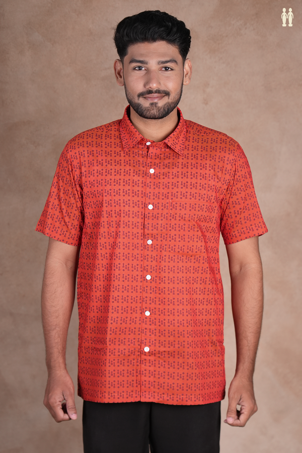 Regular Collar Printed Design Orange Cotton Shirt