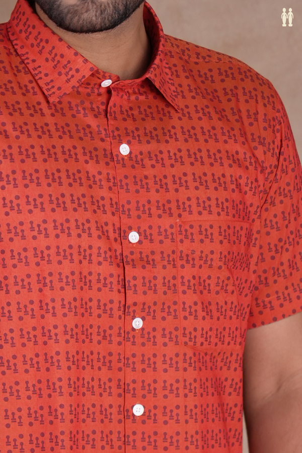 Regular Collar Printed Design Orange Cotton Shirt
