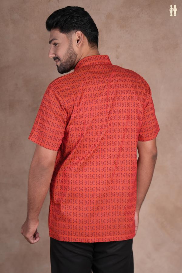 Regular Collar Printed Design Orange Cotton Shirt